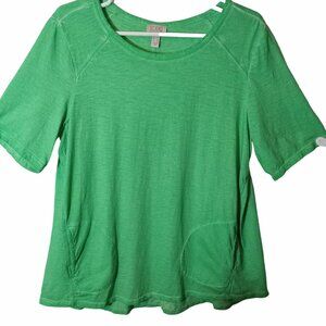 Lori Goldstein LOGO Womens Green Short Sleeve Top L Pockets Distressed Elbow
